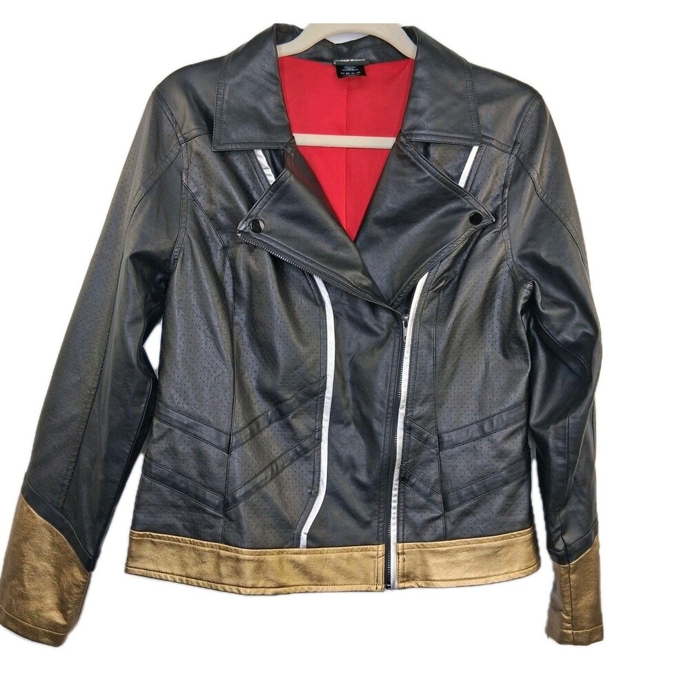 Marvel Black Widow Her Universe Moto Jacket Black Gold Faux Leather Ss L Junior - Picture 2 of 16